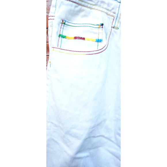 White Light Denim 5 Pocket Shorts W/Rainbow Colored Stitching & Drawstrings - Picture 5 of 11